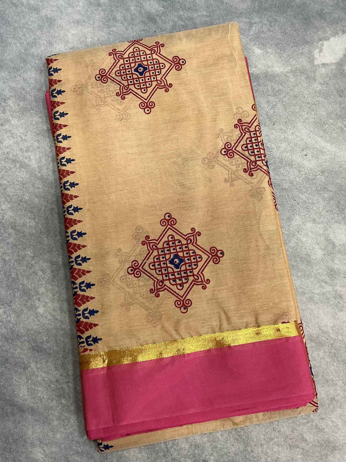 Chettinad Sungudi Cotton Sandal Colour with Light Pink Colour Border