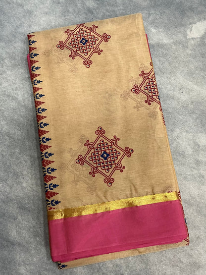 Chettinad Sungudi Cotton Sandal Colour with Light Pink Colour Border