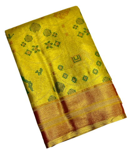 Pochampalli Tissue Silk Saree Golden Colour with Golden Orange Border