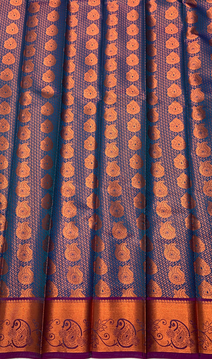 Vegan Silk Saree Blue Colour with Copper and Purple Border