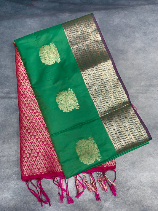 Soft Vegan Silk Saree Green Colour with Pink and Sliver Border