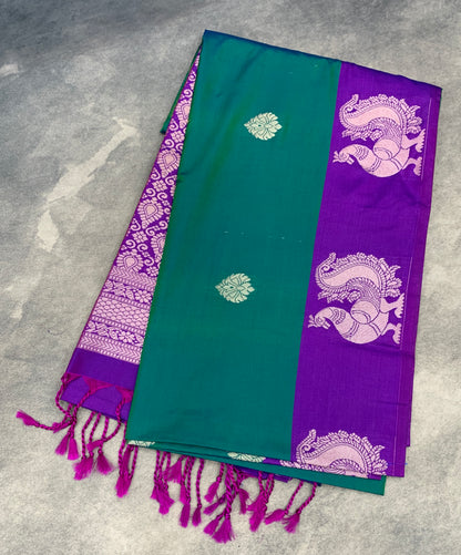 Art Silk Saree Peacock Green Colour with Purple Colour Border