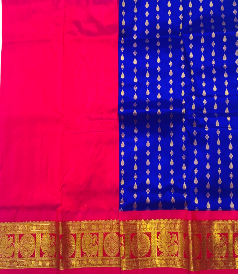 Blue shade Pure Kanchipuram Kids Pattu Pavadai with contrast border for newborn to 2 Years