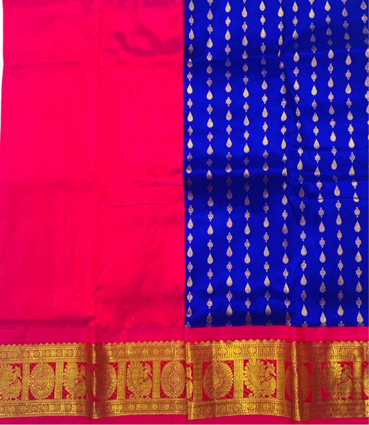 Blue shade Pure Kanchipuram Kids Pattu Pavadai with contrast border for newborn to 2 Years