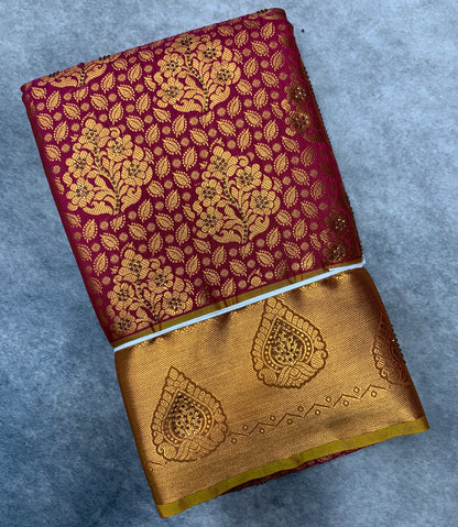 Vegan Silk Saree Maroon Colour with Copper and Golden Yellow Border