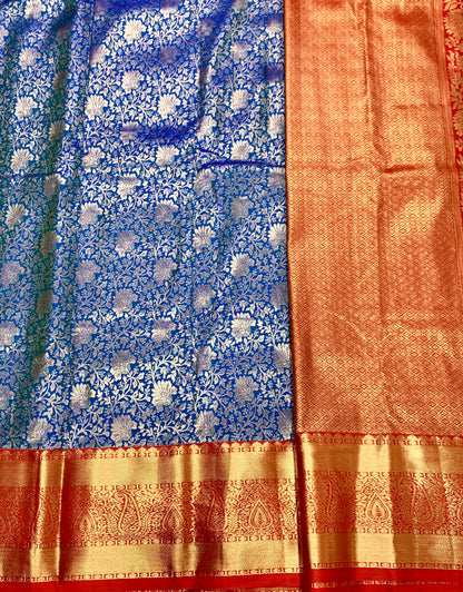 Blue Colour Semi Silk Saree with Big Red Border