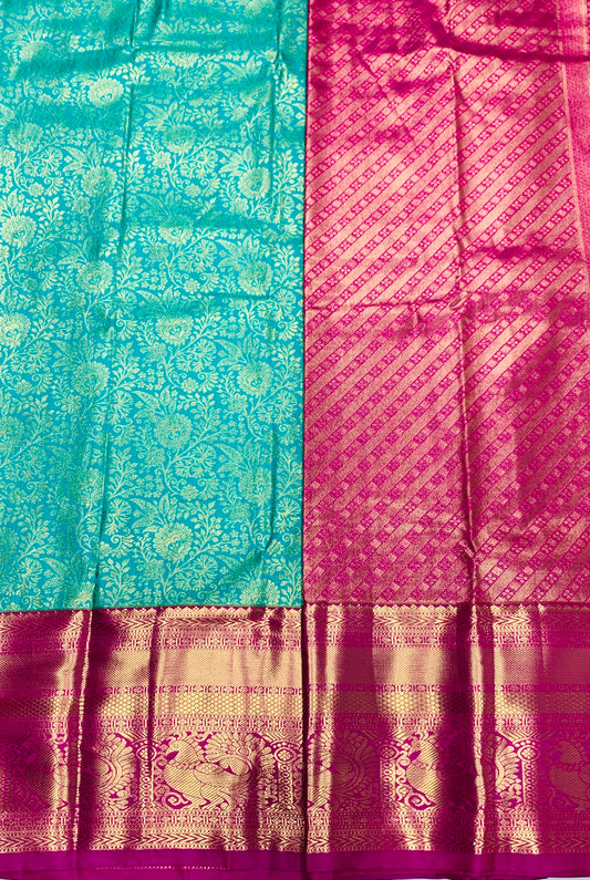 Rama Green Colour Semi Silk Saree with Big Pink Border