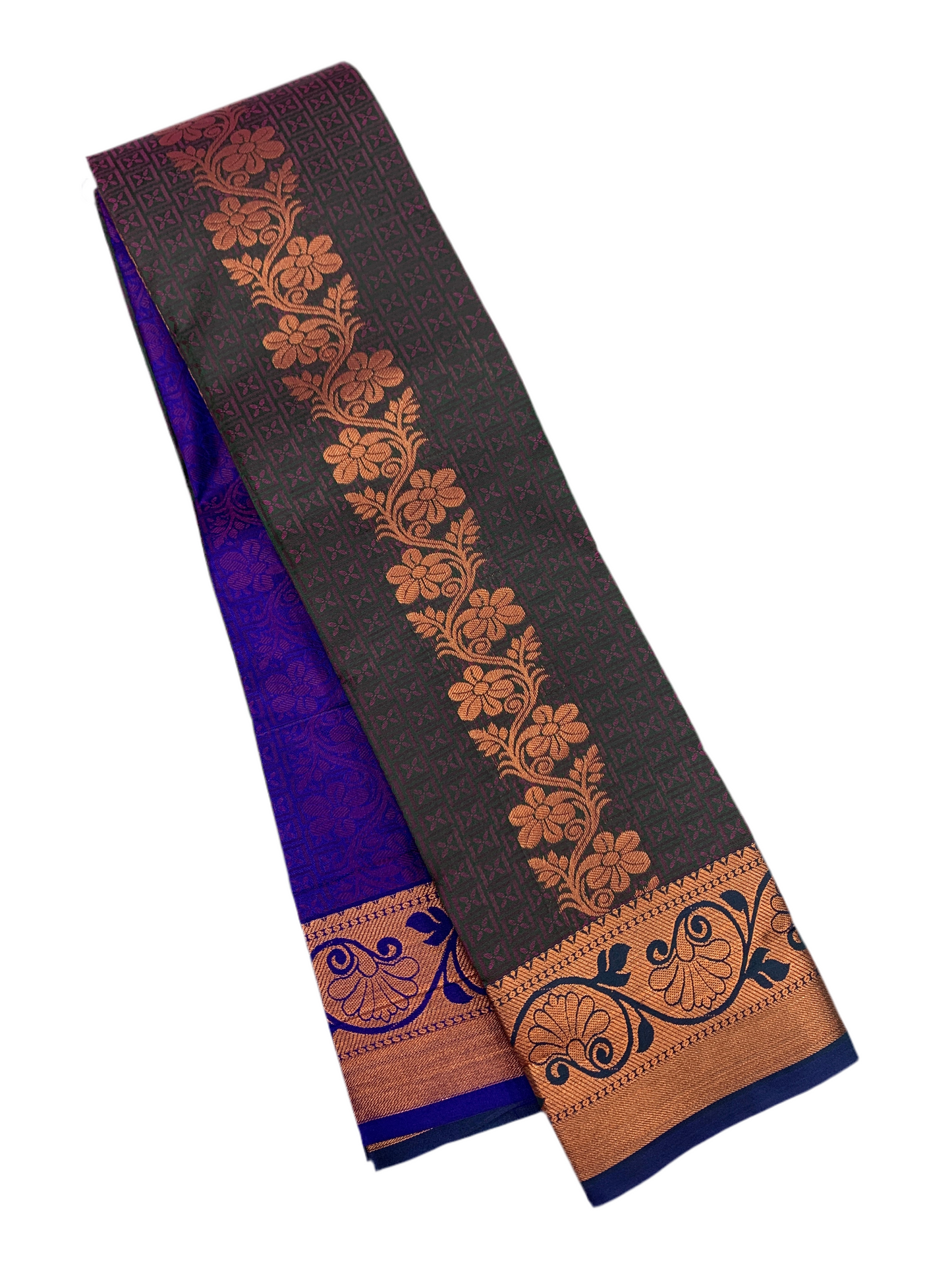 Vegan Silk Saree Dark Green Colour with Copper and Blue Border