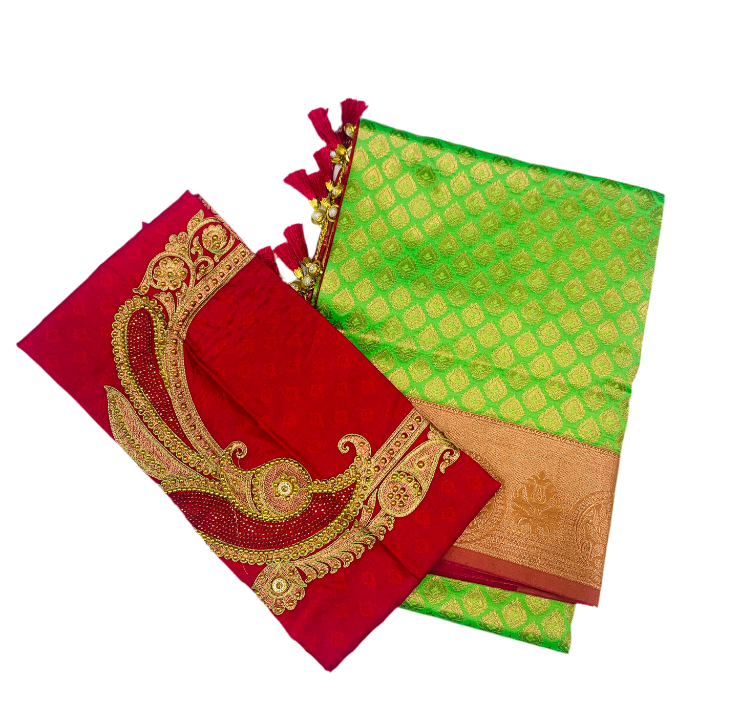 Bridal Vegan Silk Saree Apple Green shade with Copper Border with Unstitched blouse in Aari work