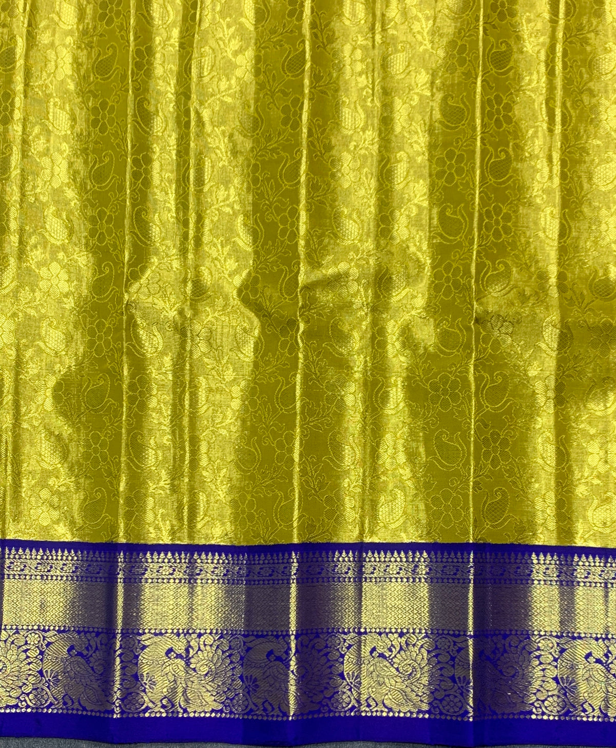 Yellow Shade Pure Kanchipuram Kids Pattu Pavadai with Contrast Border for Newborn to 2 Years