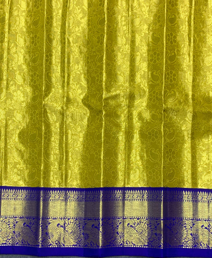 Yellow Shade Pure Kanchipuram Kids Pattu Pavadai with Contrast Border for Newborn to 2 Years