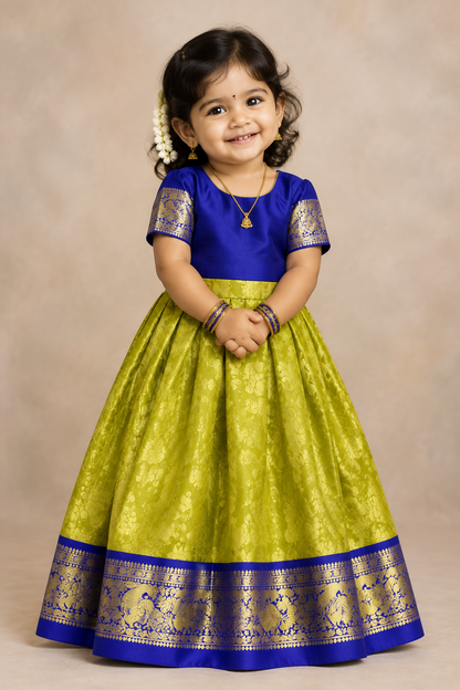 Yellow Shade Pure Kanchipuram Kids Pattu Pavadai with Contrast Border for Newborn to 2 Years
