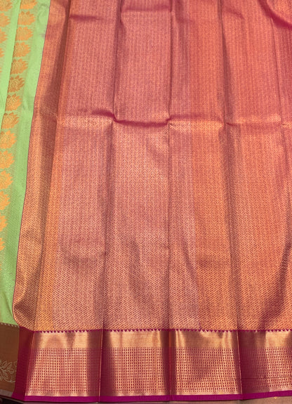 Vegan Silk Saree Apple Green Colour Saree with Copper Border