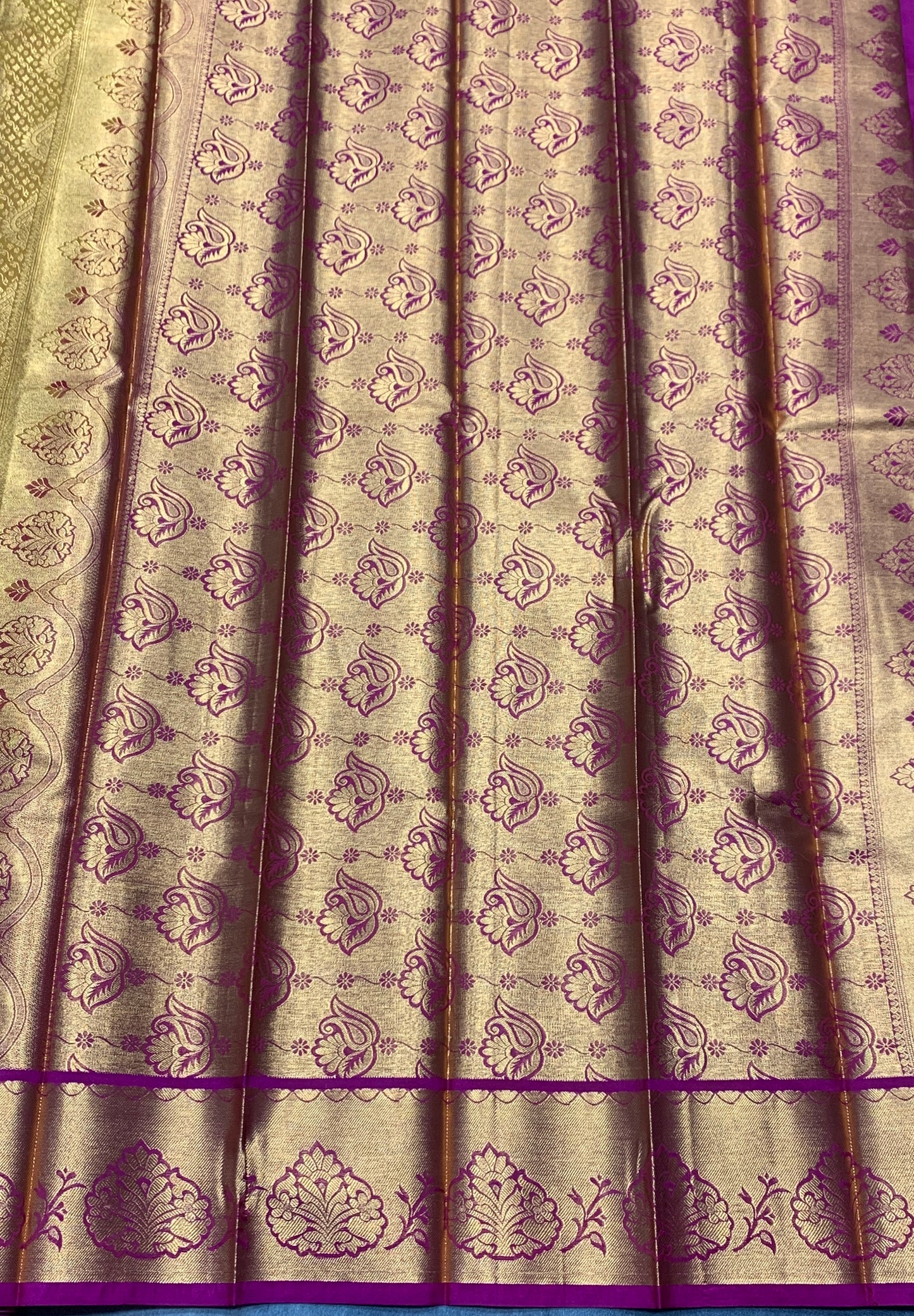 Vegan Silk Saree Golden Yellow Colour with Pink and Copper Border