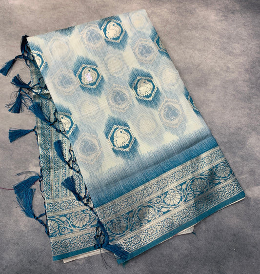 Banaras Katan Saree Off White Colour with Peacock Blue Katan Work Border