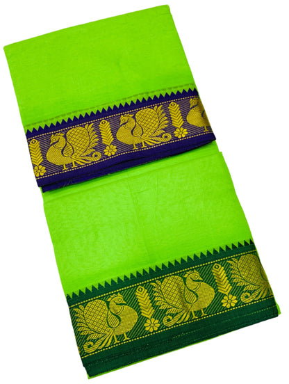 9X5 Cotton Dhoti Apple Green Colour with Blue and Green Border