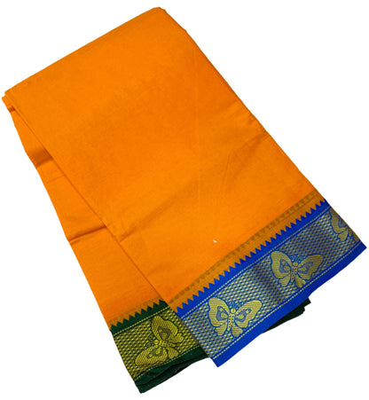 9X5 Cotton Dhoti Mango Yellow Colour with Blue and Green Border