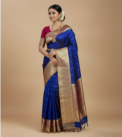 Pure Kanchipuram Silk Ink Blue Colour with Red and Golden Zari Border