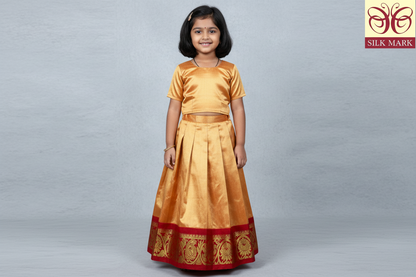 Golden Yellow Shade Pure Kanchipuram Kids Pattu Pavadai with Contrast Border for age 2 to 5