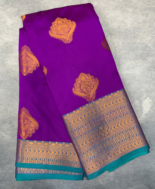 Soft Silk Casual Saree Magenta Colour with Rama Green and Golden Colour Border