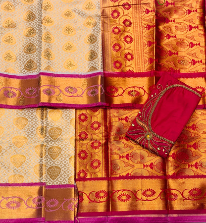 Bridal Vegan Silk Saree Off White shade with Pink Border with Unstitched blouse in Aari work