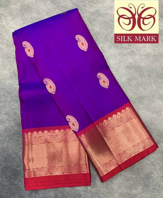 Pure Kanchipuram Silk Saree Purple Colour with Contrasting Pink Border and Gold Detailing