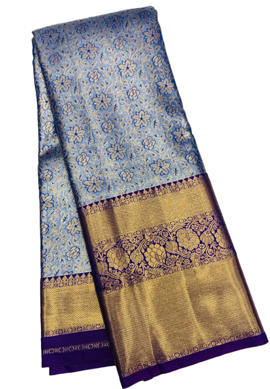 Sky Blue Colour Soft Kanchi Tissue Pattu Saree with Blue Border