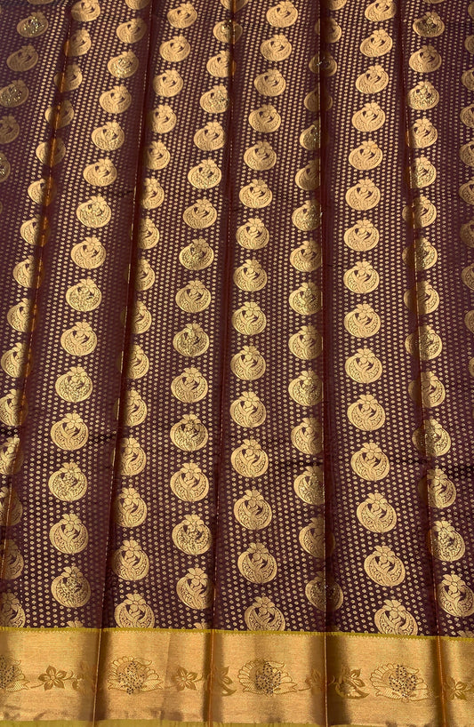 Vegan Silk Saree Brown Colour with Copper and Mustard Border