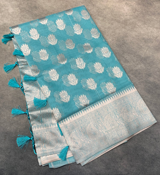 Banaras Katan Saree Sky Blue Colour with Katan Work Border