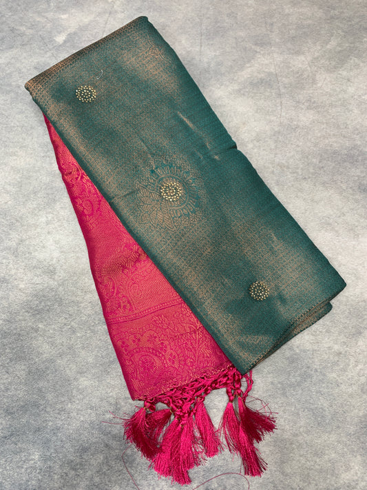Soft Silk Saree Green Colour and Stone Work with Pink Colour Pallu