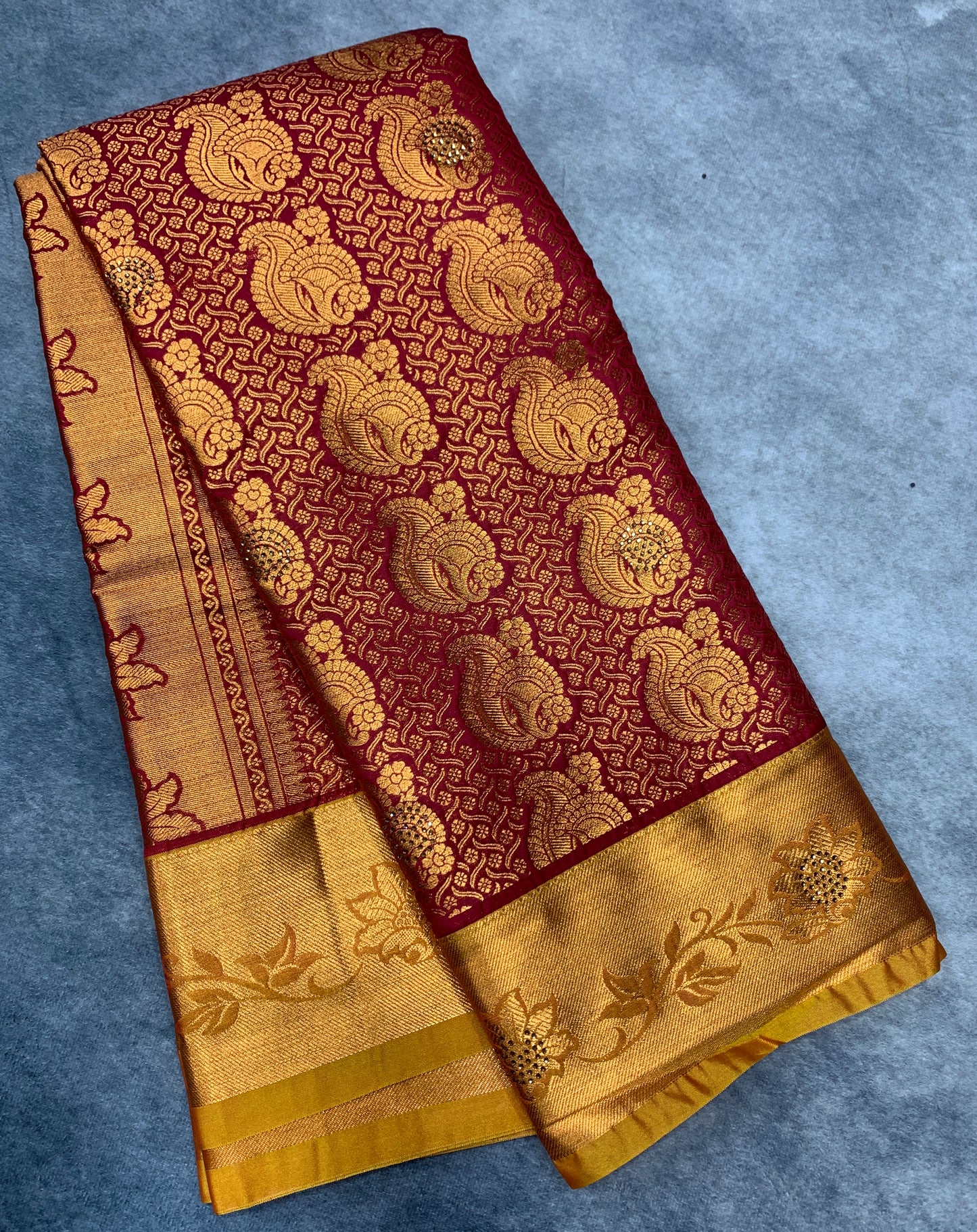Vegan Silk Saree Maroon Colour with Copper and Golden Yellow Border