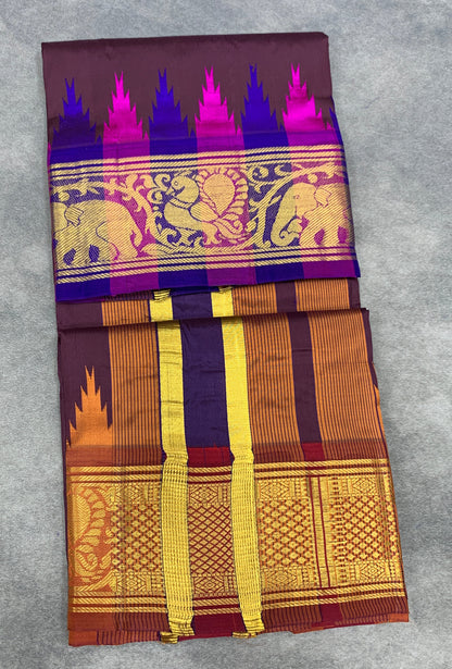 6 Mulam Silk Pooja Towel Brown Colour with Ganga Jamuna Korvai Border