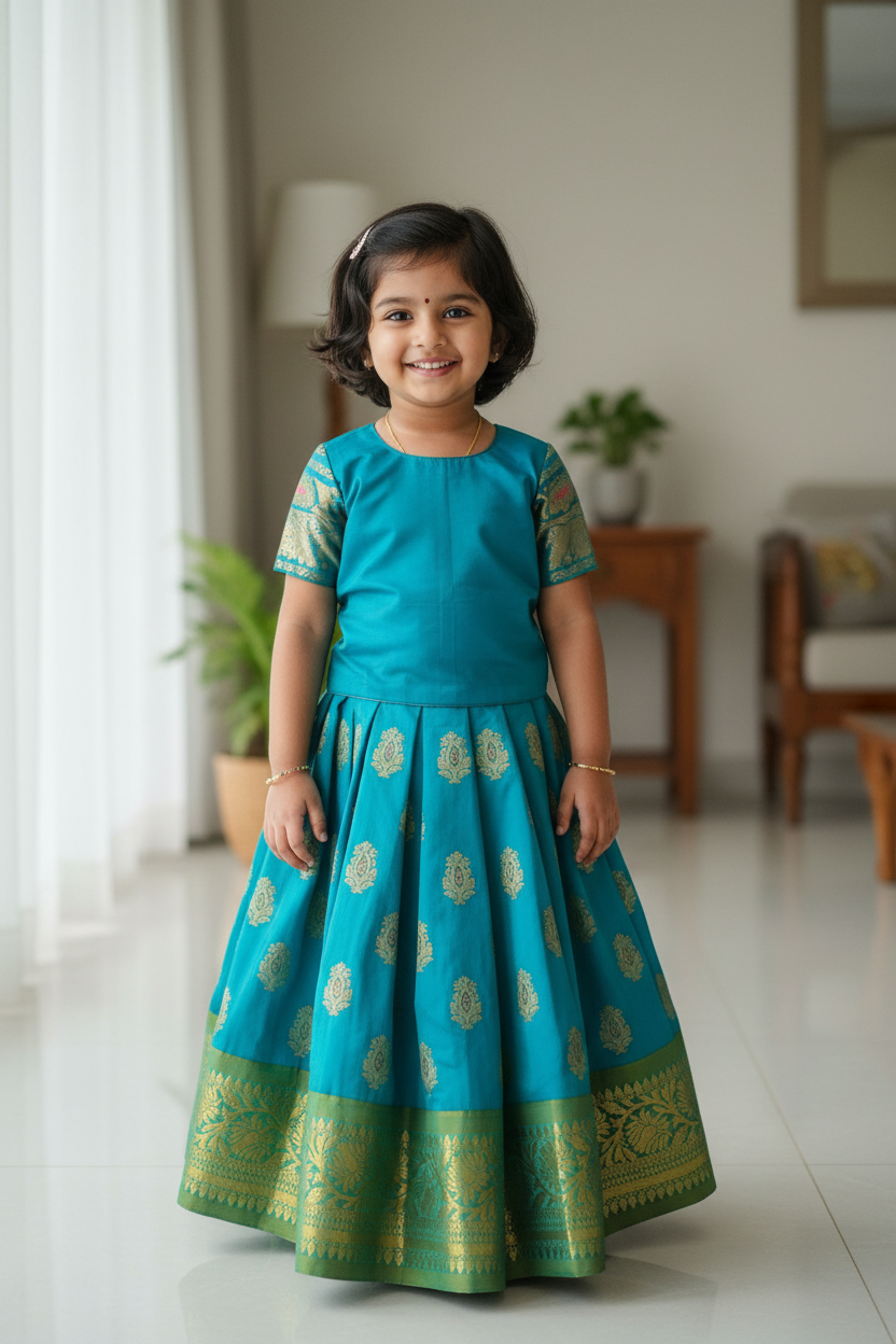 Sky Blue Shade Semi Silk Kids Pattu Pavadai with Contrast border for Age 2 to 5 Years