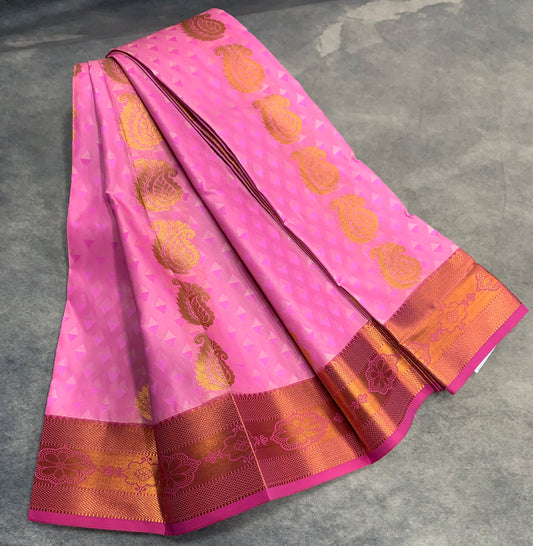 Vegan Silk Saree Baby Pink Colour Saree with Copper Border