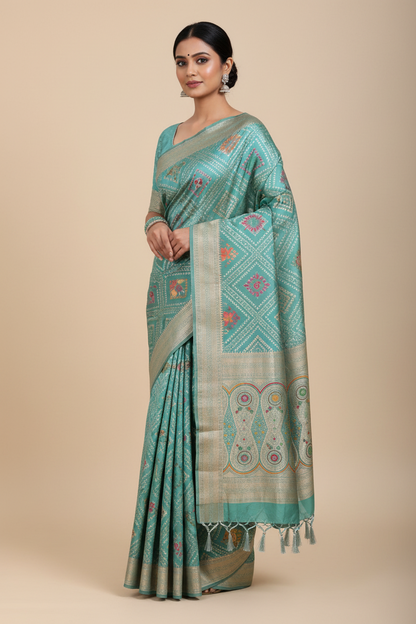 Banaras Soft Silk Saree Gray Blue Colour with Sliver Colour Floral Design Border