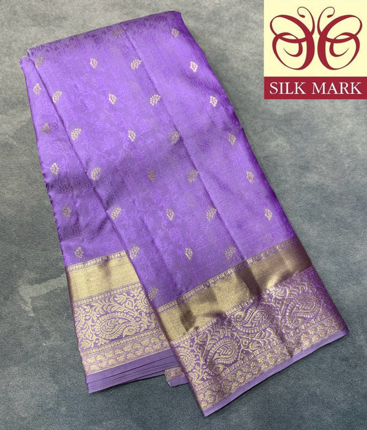 Pure Kanchipuram Silk Saree Lavender Colour with Self Colour Gold Zari Border