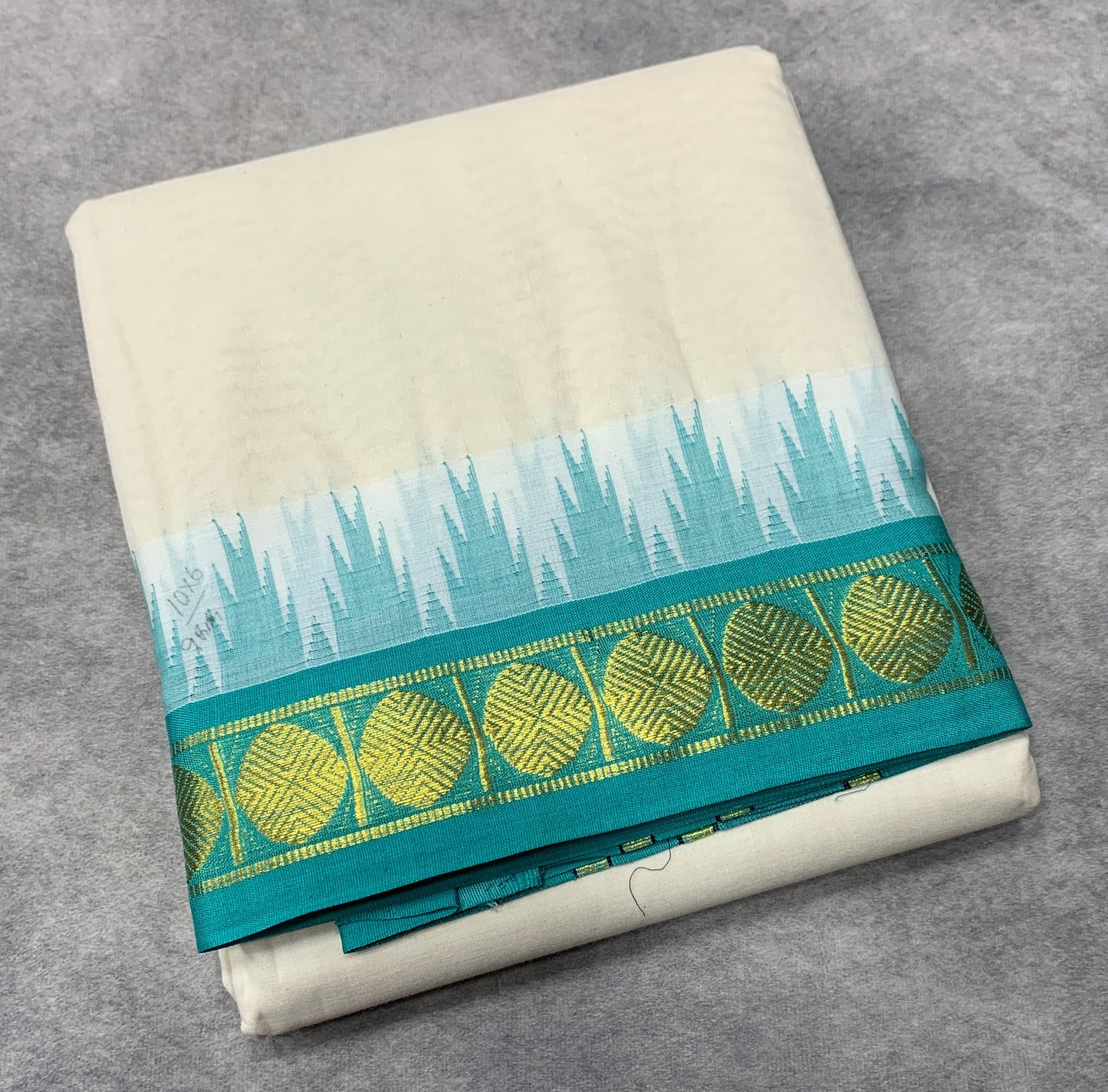 10x6 Korvai Cotton Dhoti Half White Colour with Green and Blue Border