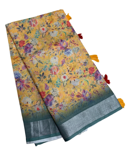 Jute Cotton Saree Yellow Colour with Thread Border