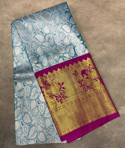 Sky Blue Shade Vegan Silk unstitched Pattu Pavadai material for age Above 10 years