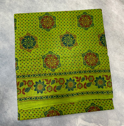 Chettinad Sungudi Cotton Olive Green Colour with Floral Design Border