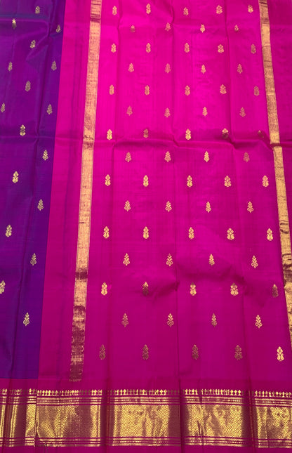 Pure Kanchipuram Silk Saree Purple Colour with Pink and Gold Zari Border