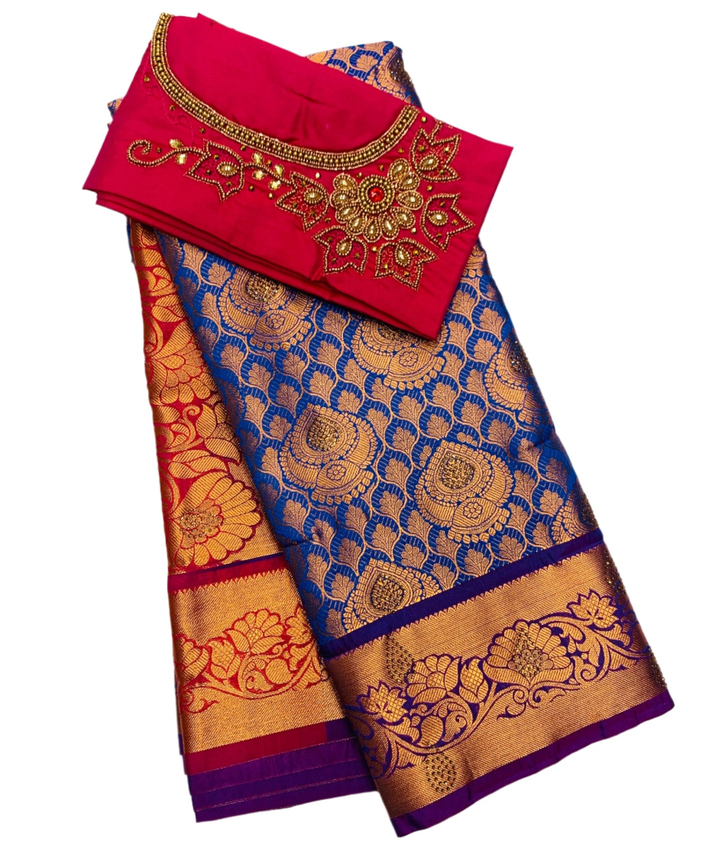 Bridal Vegan Silk Saree Blue shade with Purple Border with Unstitched blouse in Aari work