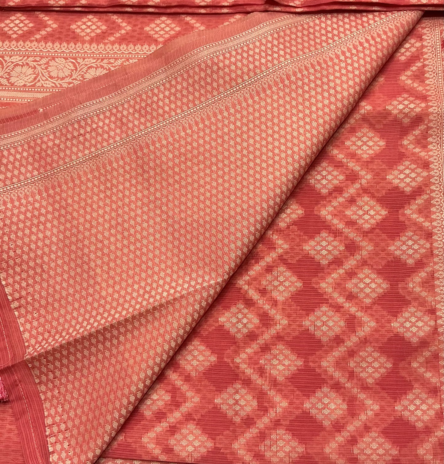 Chettinad Cotton Saree Peach Colour with Red Floral Motifs Sliver Zari Base Border