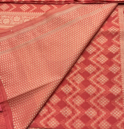 Chettinad Cotton Saree Peach Colour with Red Floral Motifs Sliver Zari Base Border