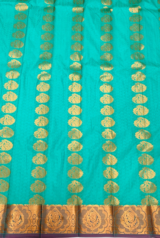 Vegan Silk Saree Rama Blue Colour with Copper and Pink Border