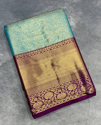Fancy Tissue Saree Sapphire Colour with Magenta Colour Floral Design Border