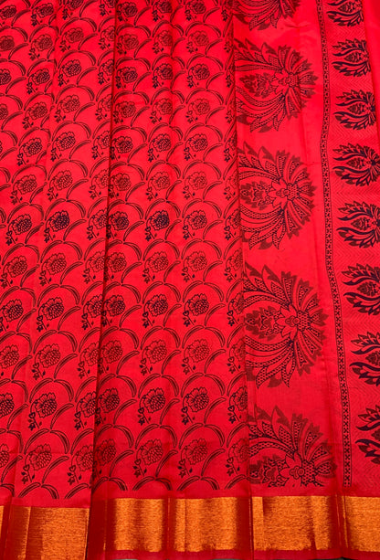 Fancy Cotton Saree Red Colour with Copper Border