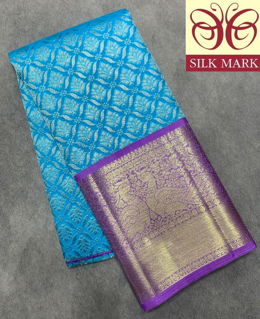 Sky Blue Shade Pure Kanchipuram Kids Pattu Pavadai with Contrast Border for Newborn to 2 Years