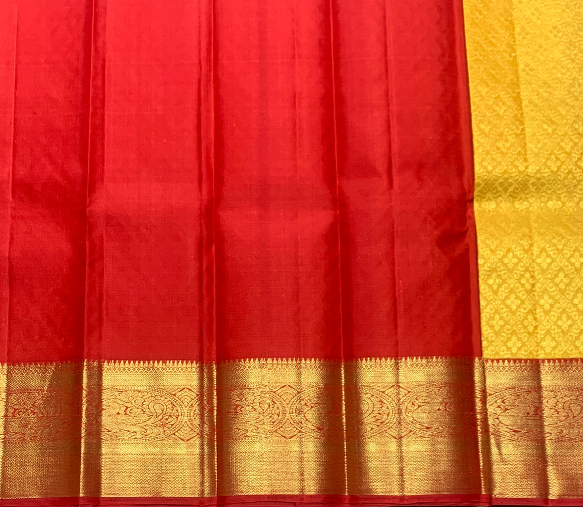 Golden Yellow Shade Pure Kanchipuram Kids Pattu Pavadai with Contrast Border for Newborn to 2 Years