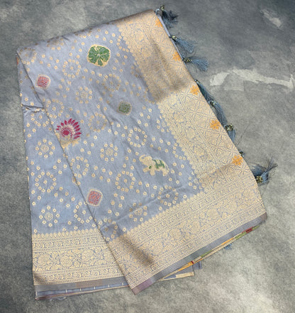 Banaras Soft Silk Saree Gray Colour with Sliver Colour Floral Design Border